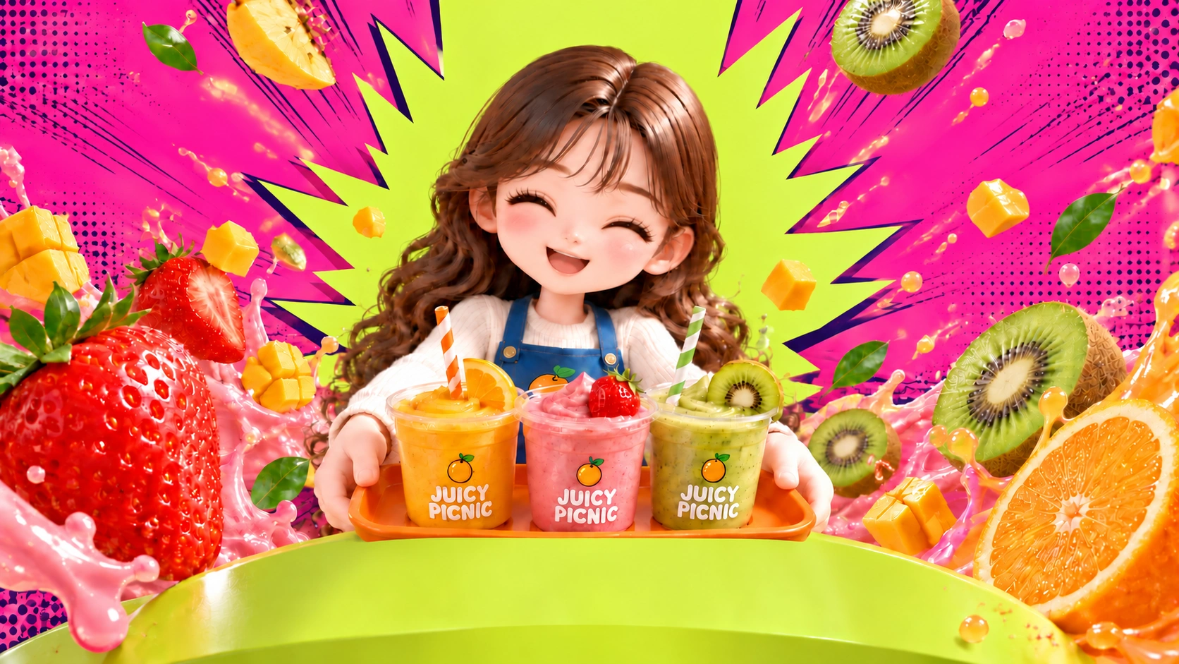 目を閉じてにっこり笑う店員が、フルーツいっぱいのカウンターで3色のスムージーを差し出す