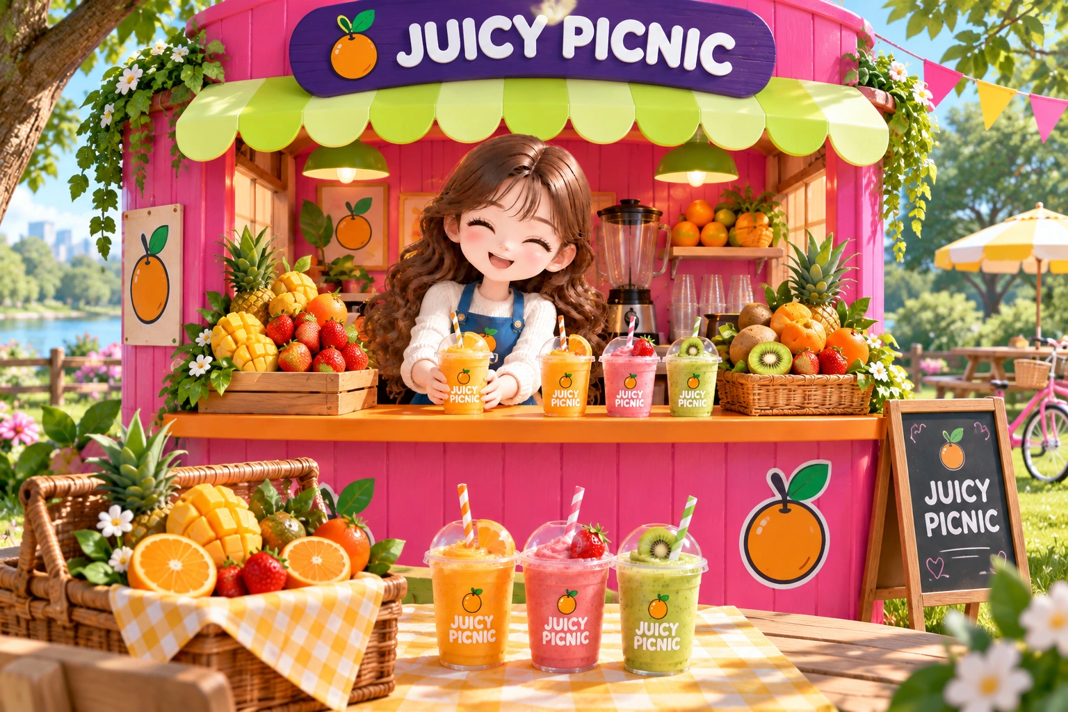ピンクとライム色のスムージースタンドで、笑顔の店員がお迎えする